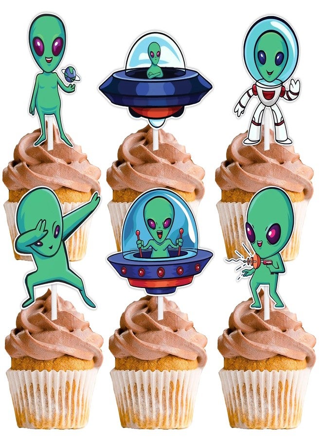 LETLIMIT 18pcs Green Glitter Alien Dessert Cupcake Topper Space Invaders Theme Decor Supplies Baby Shower Boys Girls Happy Birthday Party Decorations - Image 1